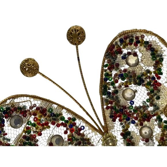Vintage Gold Beaded Butterfly Christmas Ornament Mesh Hanging - Picture 4 of 15
